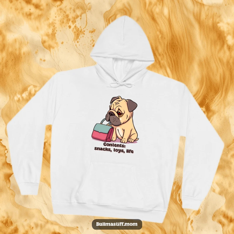 Funny Bullmastiff Handbag Hoodie: A Bullmastiff with a dainty handbag examines its contents with a thoughtful and funny demeanor.