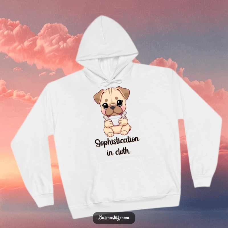 Funny Bullmastiff hoodie depicting a sophisticated dog in a lace collar, holding a teacup, offering comfort and a humorous statement.