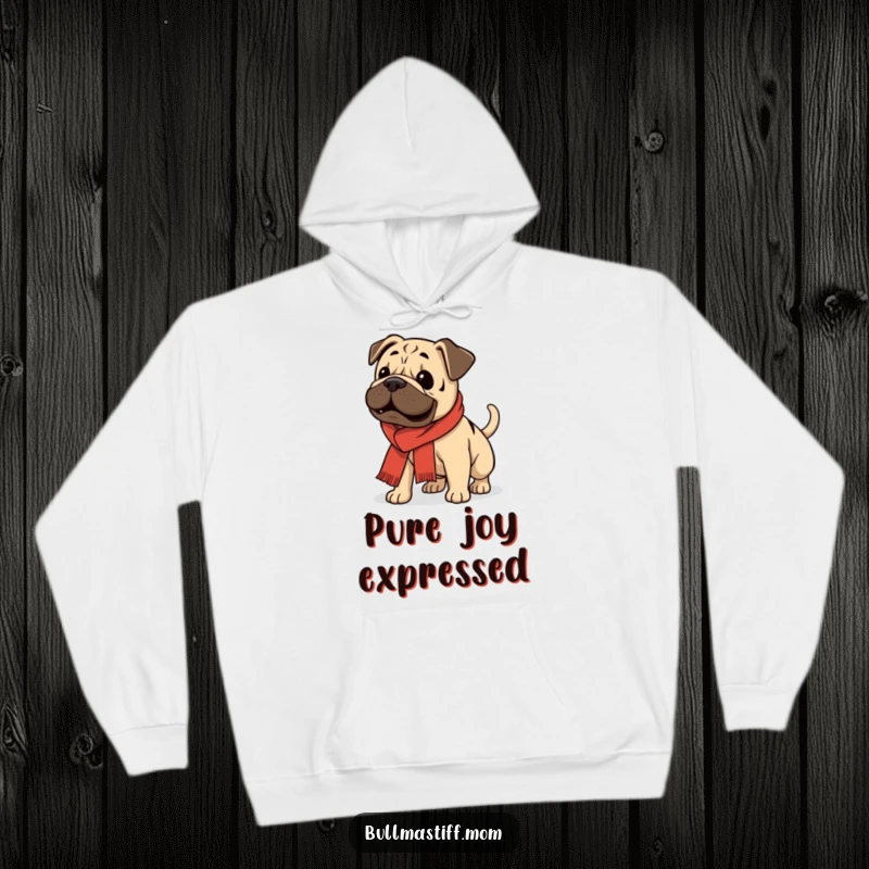 Funny Bullmastiff in a scarf, enthusiastically wagging its tail, depicted on a warm and cozy hoodie.