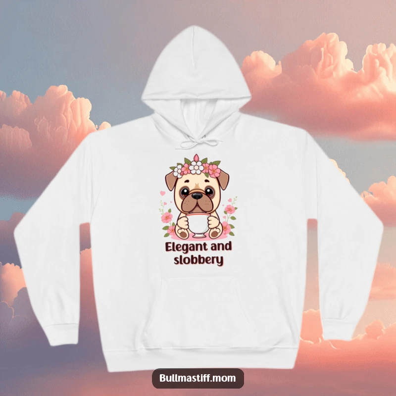 Funny Kawaii Bullmastiff Hoodie showing a cute dog wearing a floral crown and sipping tea, offering warmth and humorous elegance.