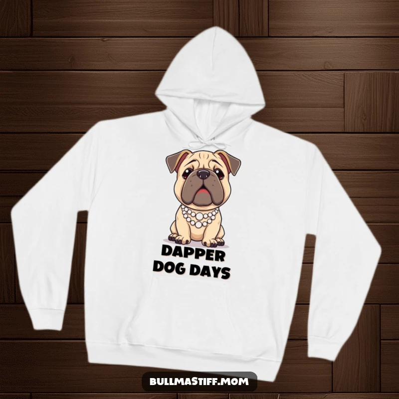 Funny Bullmastiff dog wearing a pearl necklace and posing regally, on a warm and cozy hoodie.