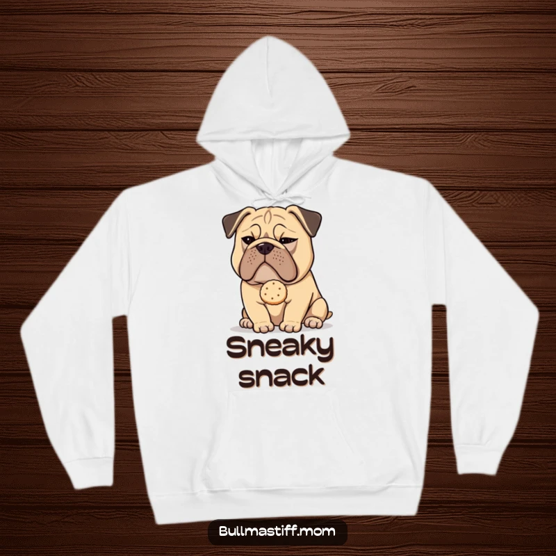 Funny Bullmastiff dog with a sly wink holding a tea biscuit, on a warm and cozy hoodie.