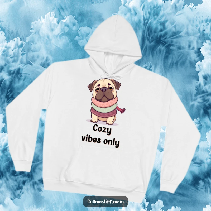 Funny Bullmastiff in a sweater knitting a scarf, a cozy and humorous depiction perfect for dog and craft fans.