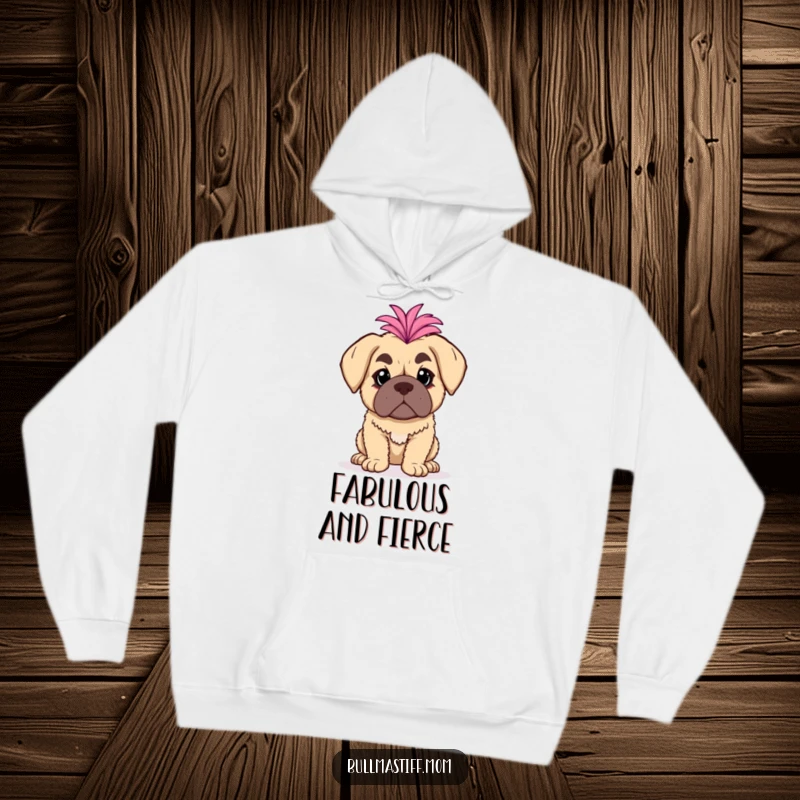 Funny Bullmastiff Hoodie: A bullmastiff with a fluffy boa poses dramatically, offering cozy glamour.