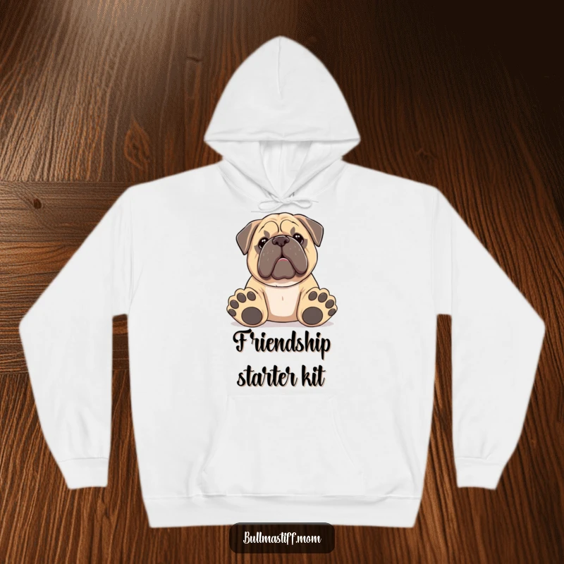 Funny Bullmastiff hoodie featuring a dog with big paws offering a toy, cozy and heartwarming for dog enthusiasts.