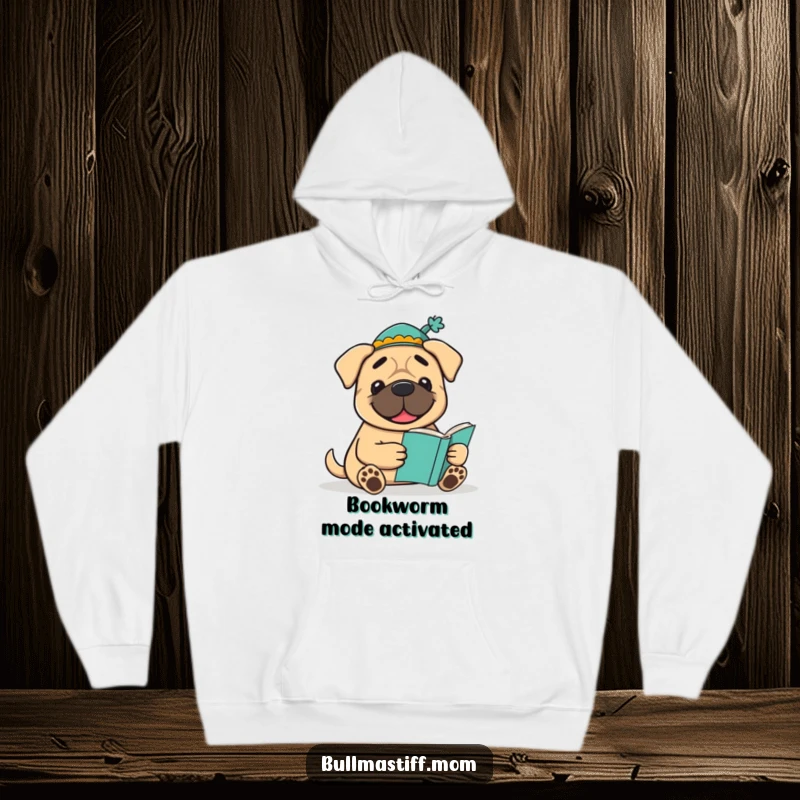 Funny Bookish Bullmastiff Hoodie: A smiling Bullmastiff in a hat reads a book, offering cozy comfort and intellectual charm.
