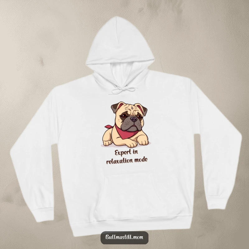 Funny Bullmastiff hoodie featuring a dog in a bandana lounging with a satisfied sigh, ideal for cozy dog lovers.