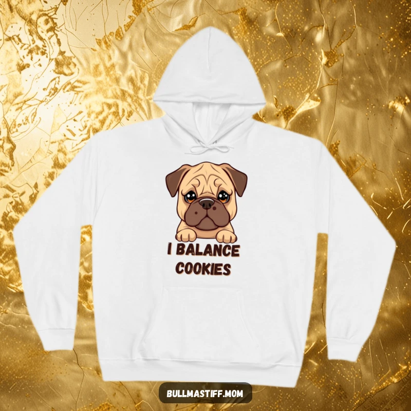 Funny Bullmastiff hoodie featuring a dog with big, soulful eyes attempting to balance a cookie on its nose.
