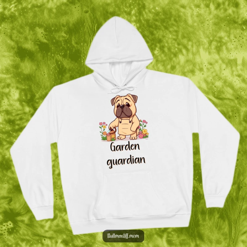Funny Bullmastiff Hoodie: A Bullmastiff dog wearing a gardening apron carefully waters plants.