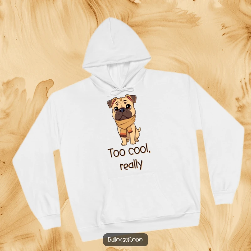 Funny Bullmastiff character in a stylish scarf, looking cozy and sophisticated, perfect for a warm hoodie.