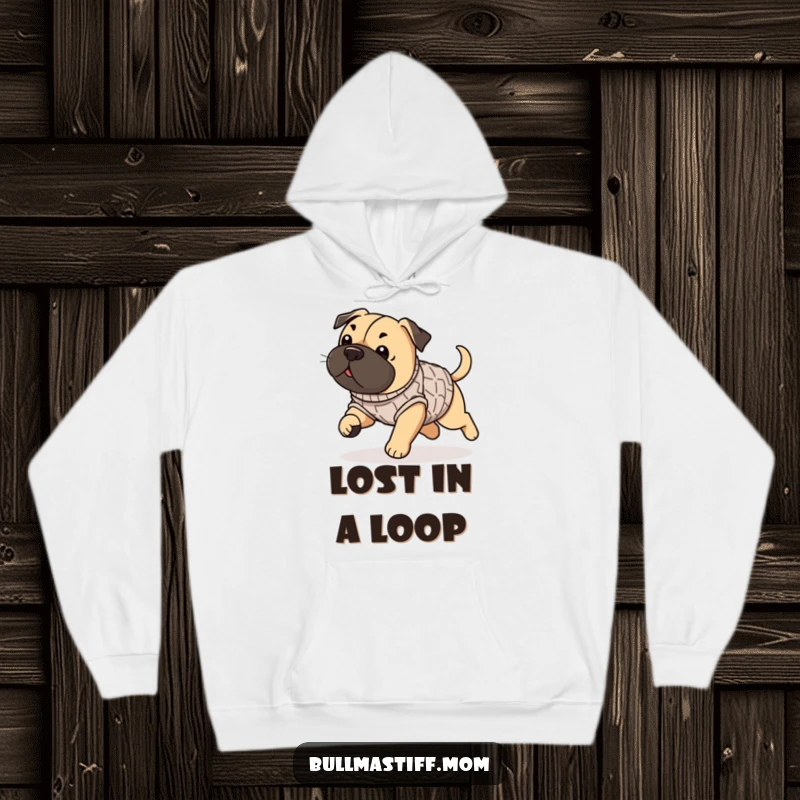 Funny Bullmastiff hoodie with a dog in a sweater, playfully chasing its tail, bringing warmth and amusement.