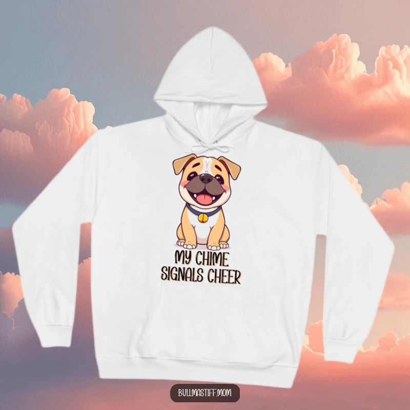 Funny Bullmastiff Hoodie: A smiling Bullmastiff wearing a bell collar, embodying cheerful warmth and playful spirit.
