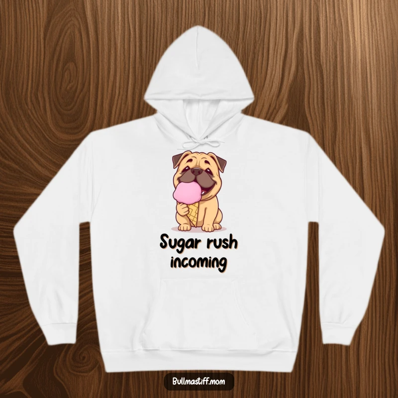 Funny Bullmastiff hoodie featuring a dog with a playful grin licking a giant ice cream cone, cozy and sweet.