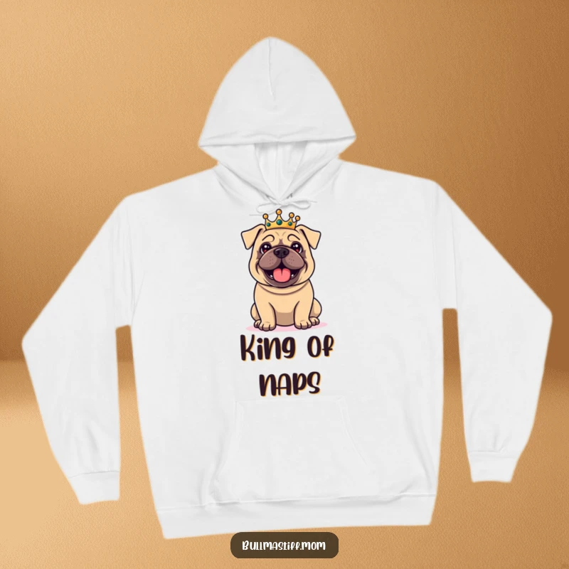 Funny Bullmastiff hoodie displaying a delighted dog in a small crown, exuding a regal and humorous aura, perfect for cozy, kingly vibes.