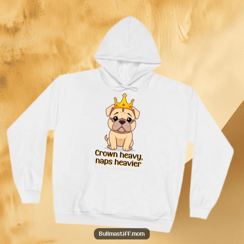 Funny hoodie featuring a confident Bullmastiff wearing a crown, looking regal and powerful, perfect for cozy days.