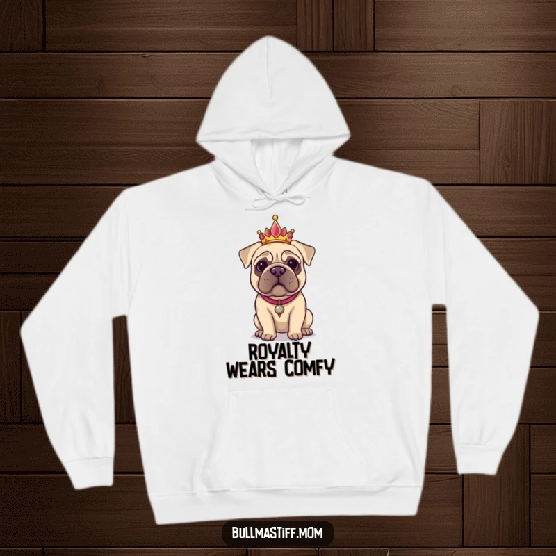 Funny Bullmastiff wearing a glamorous tiara, exuding regal charm on a cozy and humorous hoodie.
