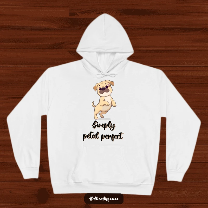 Funny Bullmastiff hoodie depicting a dog with a flower in its ear, prancing gracefully, exuding charm and a playful spirit.