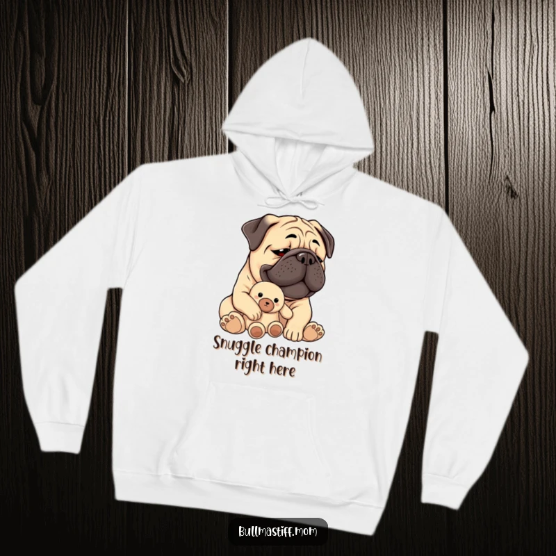 Funny Bullmastiff hoodie featuring a content dog holding a plush toy, embodying warmth and sweet affection.