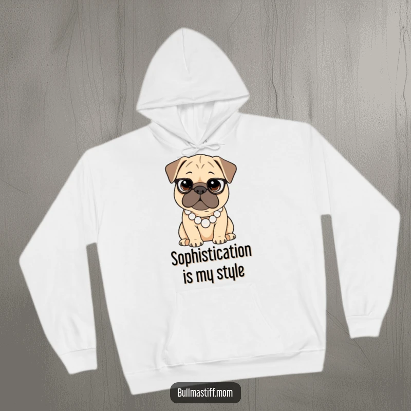 Funny Bullmastiff hoodie showing a dog wearing a pearl necklace, embodying sophisticated comfort and humor.