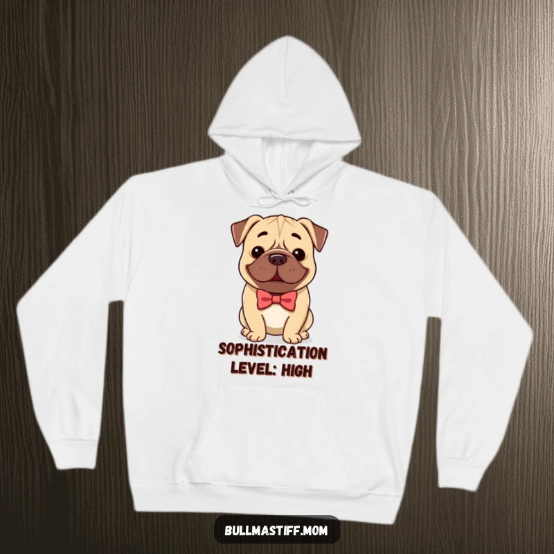 Funny Bullmastiff hoodie with a dog wearing a smart bow tie, smiling gently, offering warmth and a touch of class.