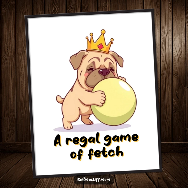 Funny Free Printable Wall Art: A dignified Bullmastiff wearing a golden crown nudges a huge ball with playful intent.