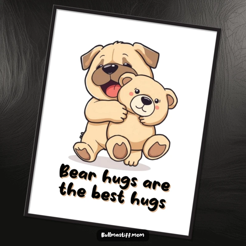Funny Free Printable Bullmastiff joyfully carrying a teddy bear, sweet heartwarming wall art downloadable.