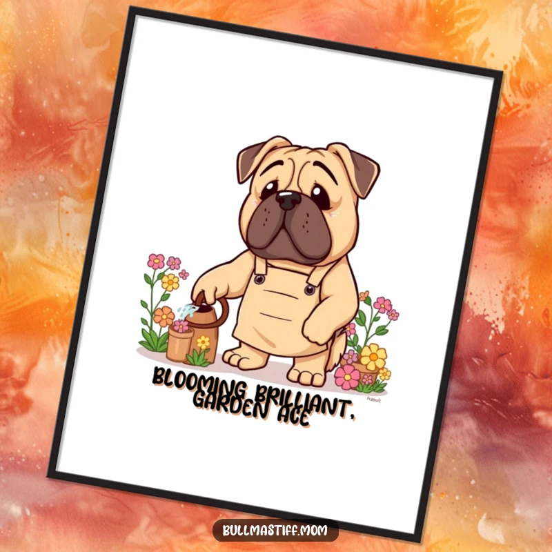 Funny free printable wall art: Bullmastiff in a gardening apron watering flowers, cheerful and outdoorsy downloadable art.