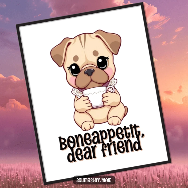 Free Printable Wall Art: A dignified Bullmastiff in a delicate lace collar, holding a teacup.