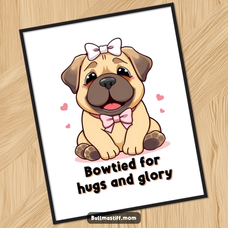 Funny Free Printable Wall Art: A happy Bullmastiff with a bow on its head enjoying a warm hug, creating cozy decor.