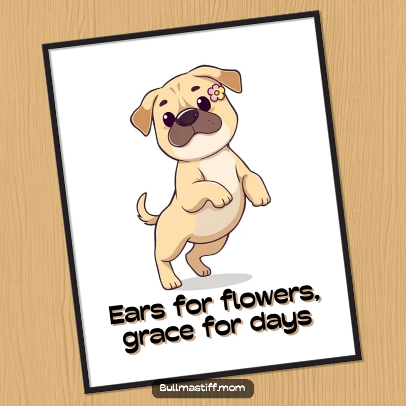 Funny Free Printable Wall Art: A playful Bullmastiff with a flower in its ear prances gracefully, bringing whimsical charm.