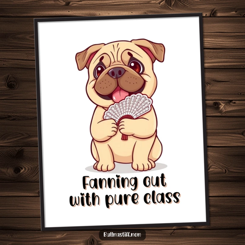 Funny Free Printable Wall Art: A happy Bullmastiff balances a fancy lace fan, creating a scene of delightful, chic humor.