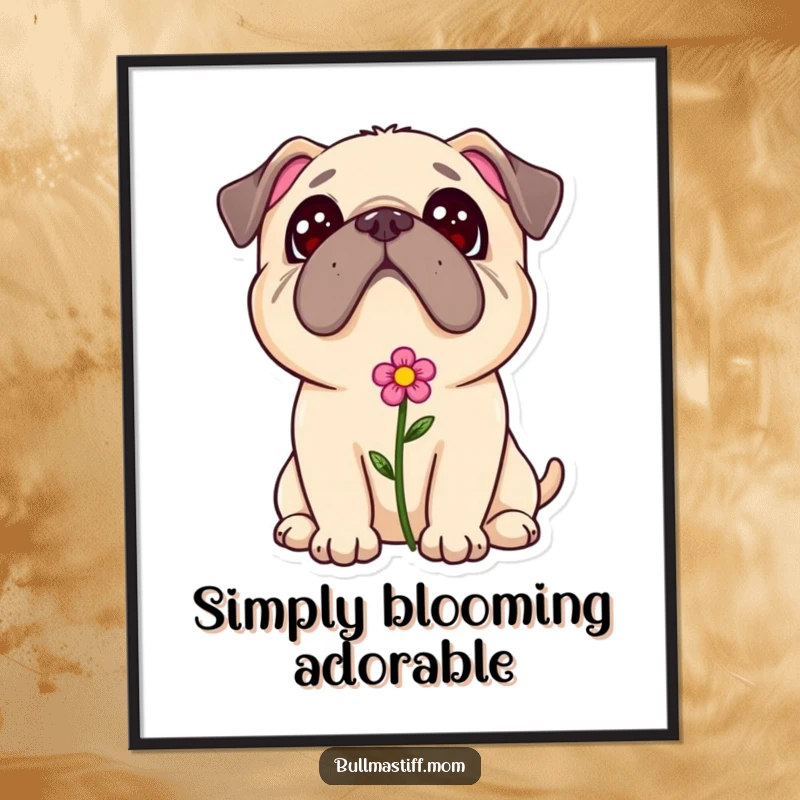 Funny Free Printable Bullmastiff with a small flower in its fur, looking up adoringly, sweet wall art.