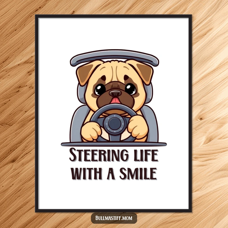 Funny Free Printable Wall Art: A happy Bullmastiff focused on the road, steering wheel in paws, ready for adventure.