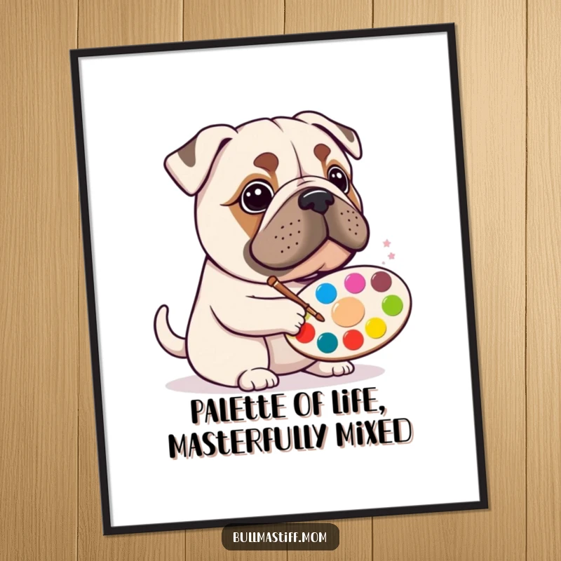 Funny Free Printable Wall Art: A Bullmastiff artist focused on their canvas, paint palette in paw, creating colorful chaos.