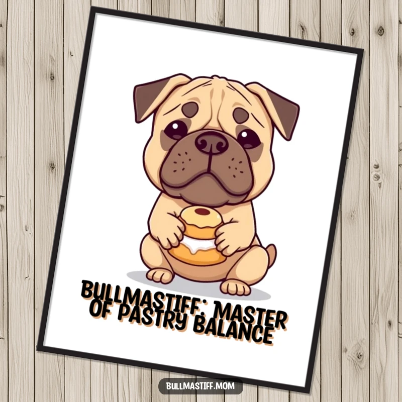 Funny Free Printable Wall Art: A Bullmastiff with a calm expression carefully balances a small, delightful pastry.
