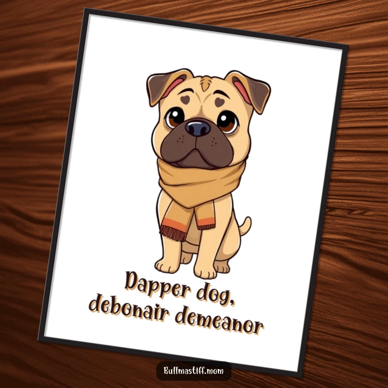 Funny Free Printable elegant Bullmastiff wearing a scarf, looking sophisticated, chic wall art downloadable.