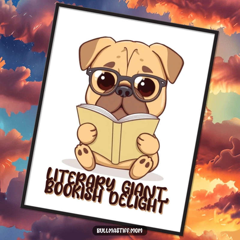 Funny free printable wall art: Bullmastiff wearing reading glasses, engrossed in a book, intellectual and humorous downloadable art.