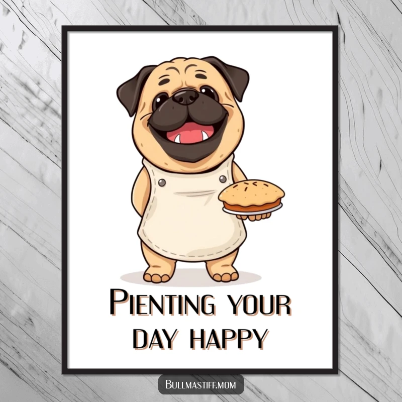 Funny Free Printable Wall Art: A happy Bullmastiff wearing an apron beams with pride while holding a delicious looking baked pie.