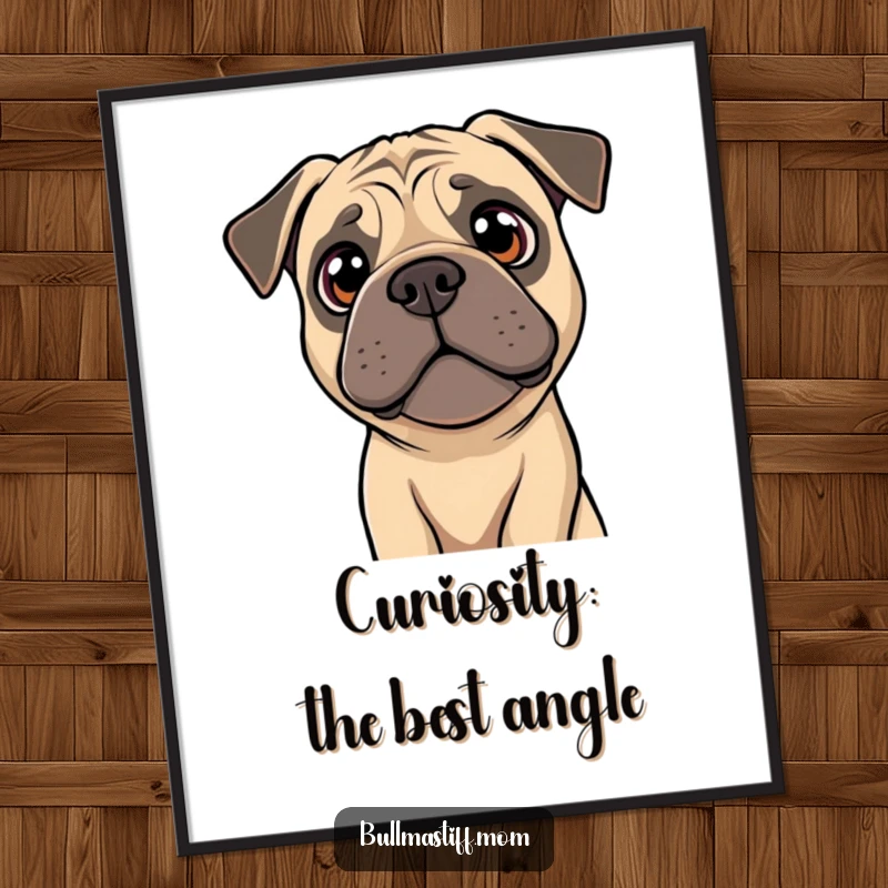 Funny Free Printable Wall Art of a Bullmastiff with bright, curious eyes, tilting its head in an inquisitive and endearing manner.