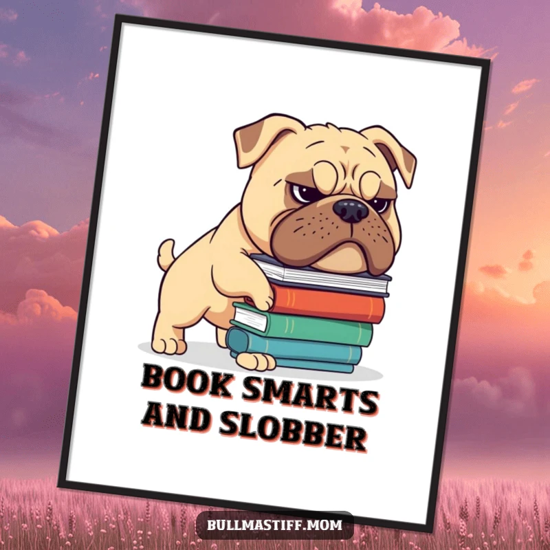Funny Free Printable Wall Art: A Bullmastiff with a determined grimace hilariously balancing a tall stack of books.