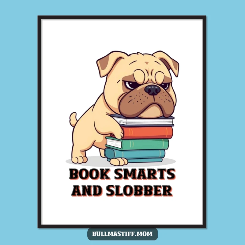 Free Printable Wall Art: Determined Bullmastiff Balancing Books, Downloadable Art for a Quirky Space