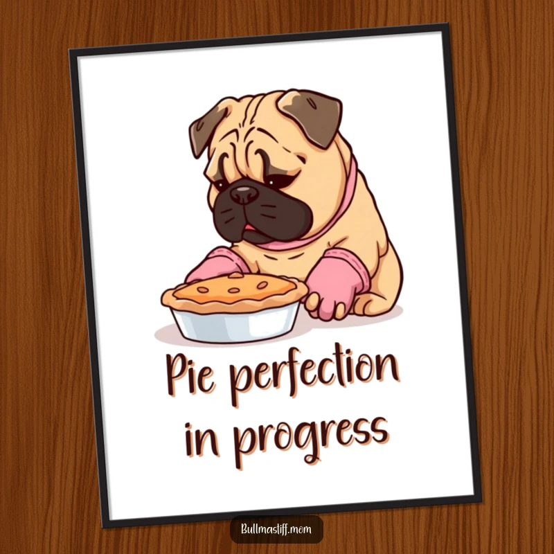 Funny Free Printable Wall Art: Bullmastiff wearing oven mitts, giving a pie a very serious inspection.