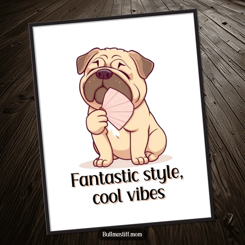 Funny Free Printable Wall Art of a Bullmastiff with a delicate fan, fanning itself with an air of sophisticated humor.