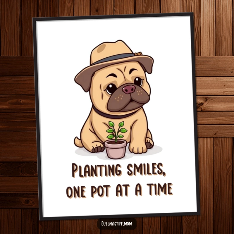 Funny Free Printable Wall Art: Stylish Bullmastiff wearing a hat, attentively watering a tiny potted plant.