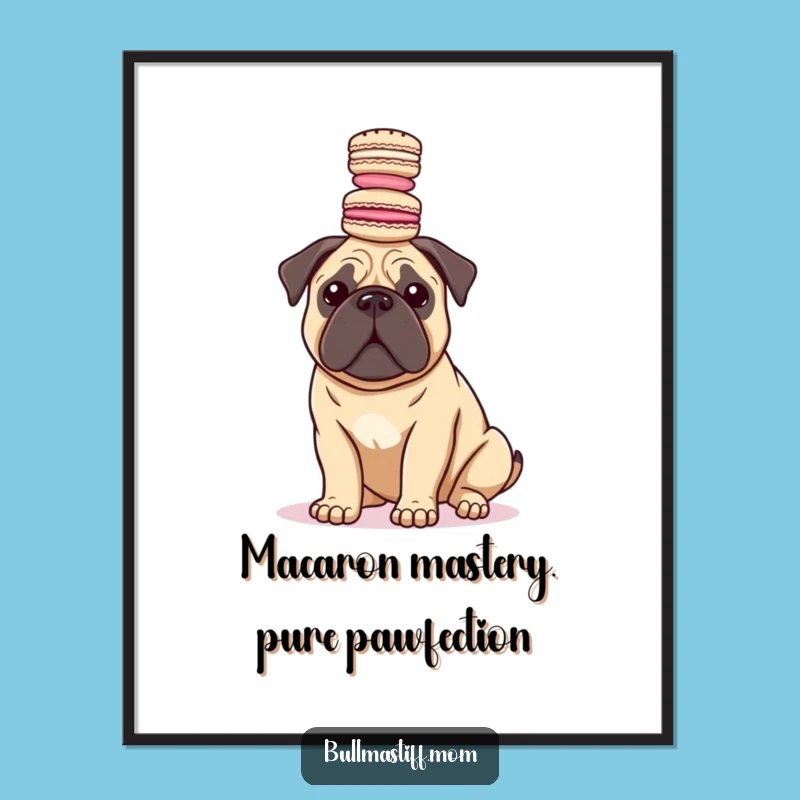 Free Printable Wall Art: Gourmet Bullmastiff Macaron Balance, Quirky Downloadable Decor Gift