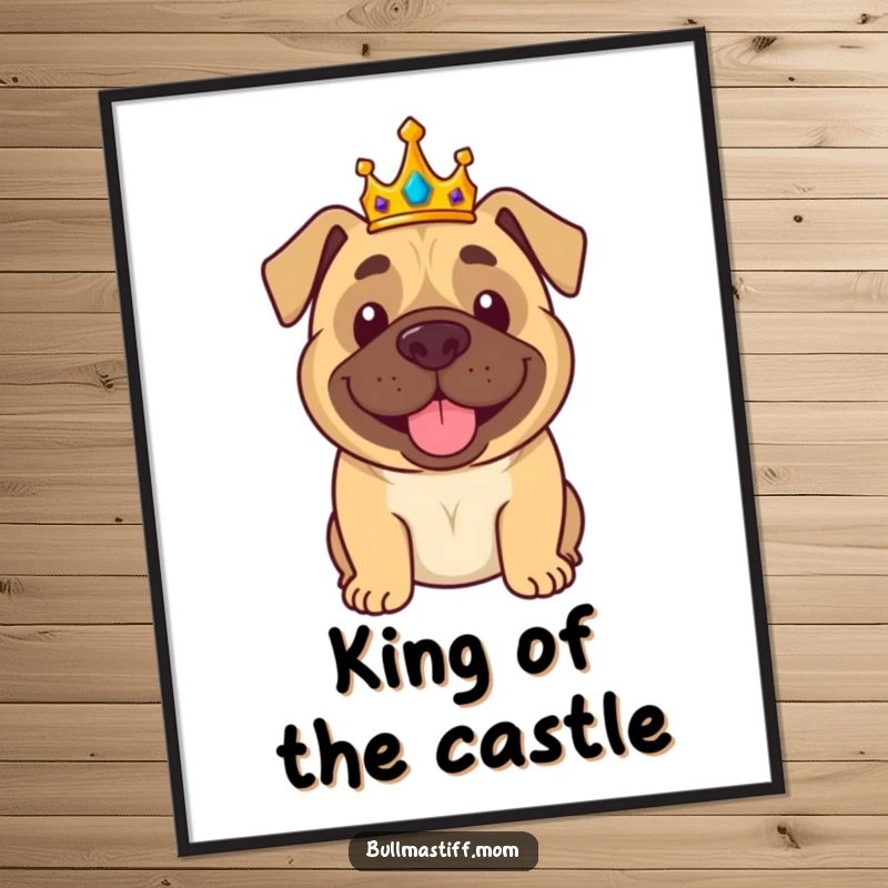 Funny Free Printable Wall Art: A smiling bullmastiff sporting a golden crown and giving a regal wave, perfect for humorous royal decor.