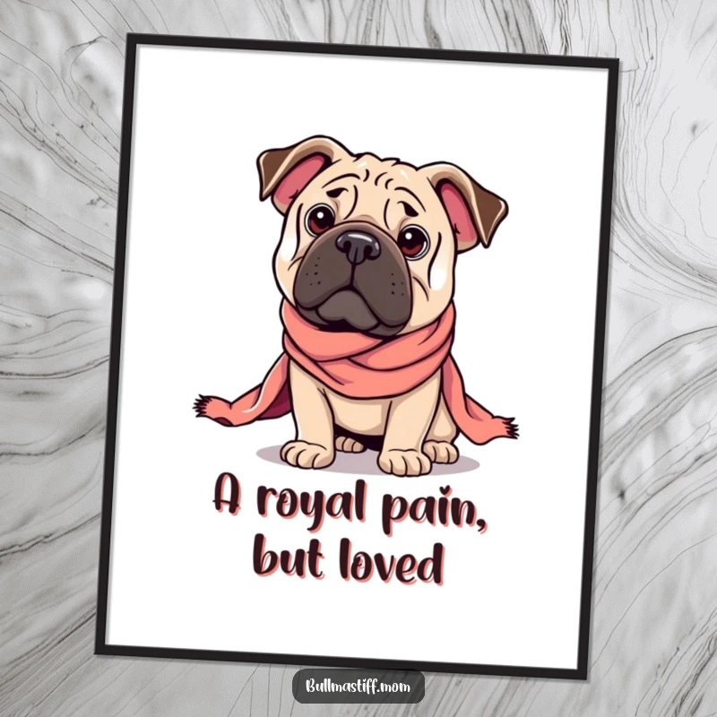 Free Printable Wall Art: A Bullmastiff striking a regal pose, exquisitely draped in a silk scarf.