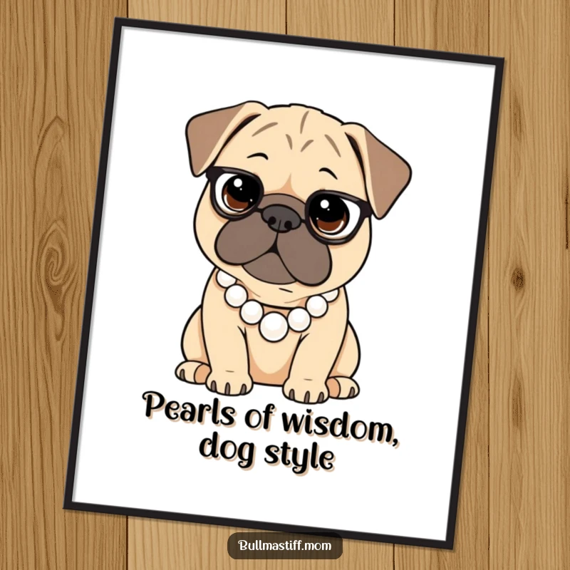 Funny Free Printable Wall Art of a Bullmastiff looking sophisticated and distinguished, wearing a classic string of pearls.