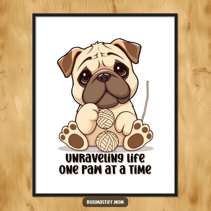 Funny Free Printable Wall Art: A Bullmastiff with oversized paws playfully bats at a dangling yarn ball, creating cartoon chaos.