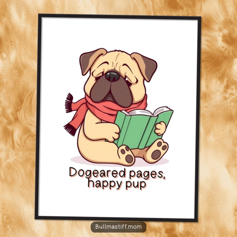 Funny Free Printable Wall Art: A Bullmastiff wearing a scarf sits and reads a book peacefully.
